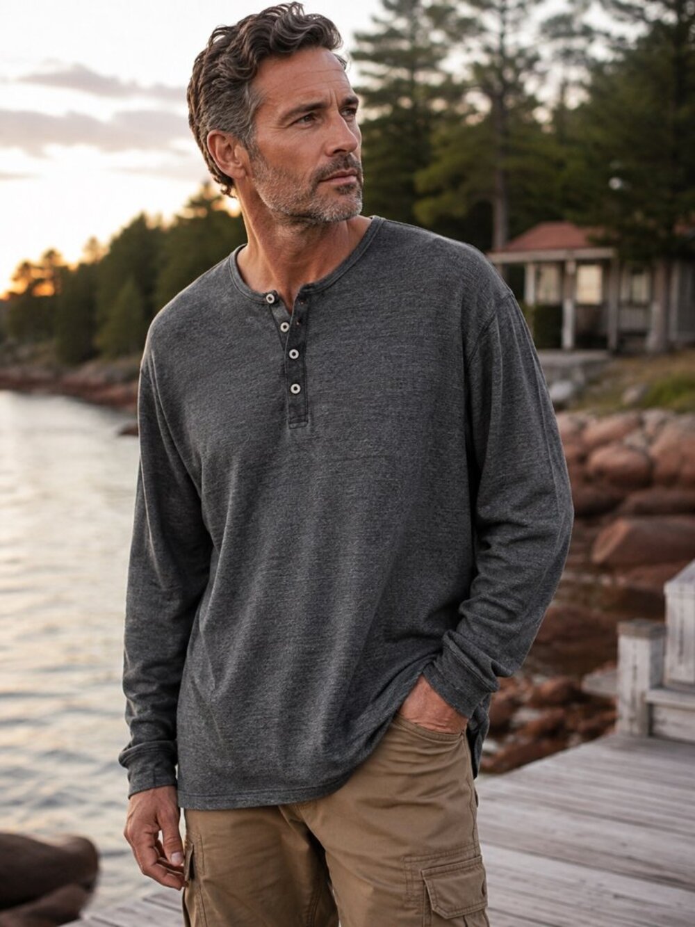 Jack & Jones Vintage Long Sleeve Henley XXL Charcoal Rugged
